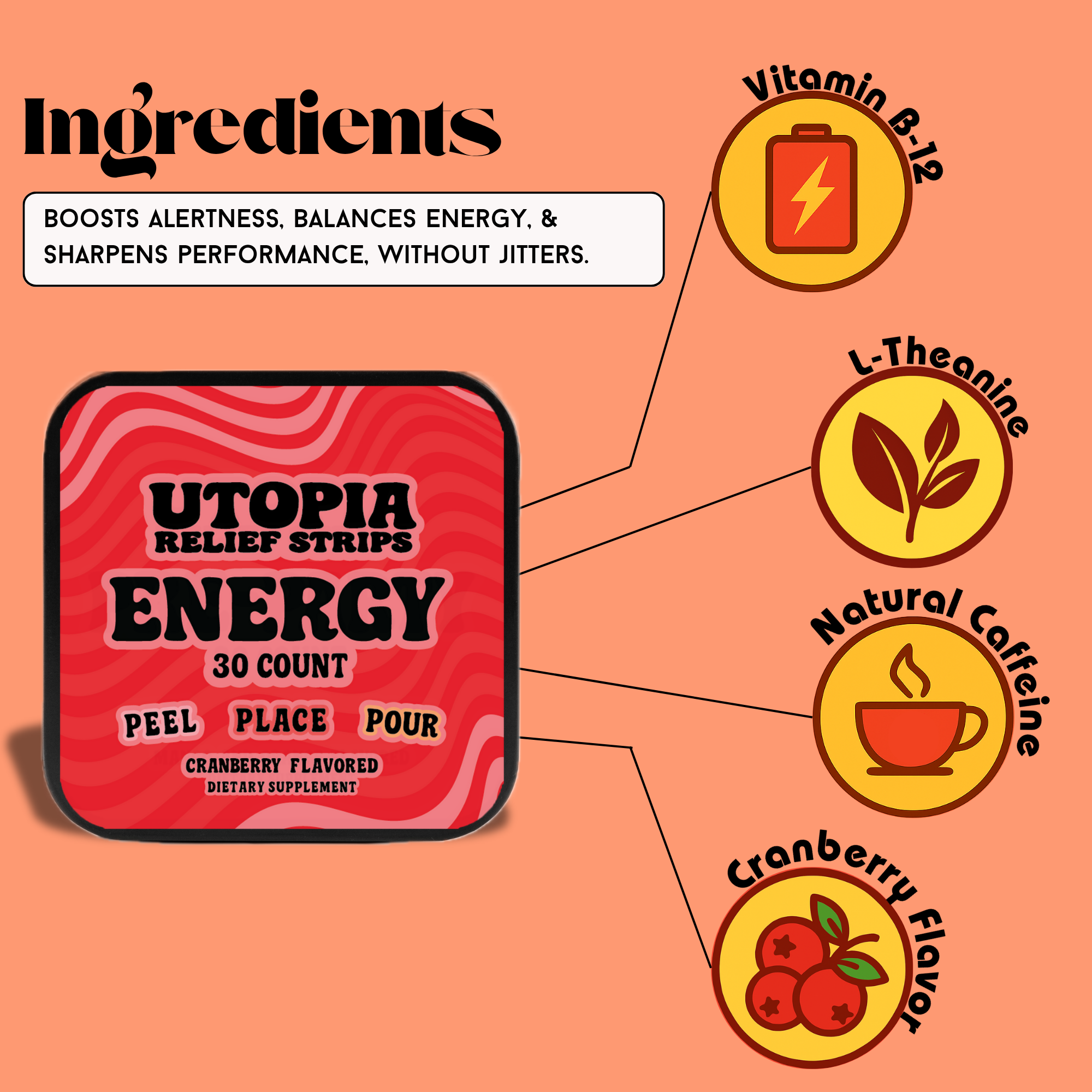 Utopia Energy Strips supporting a natural boost with vitamins that boost cognitive function without a jittery formula.