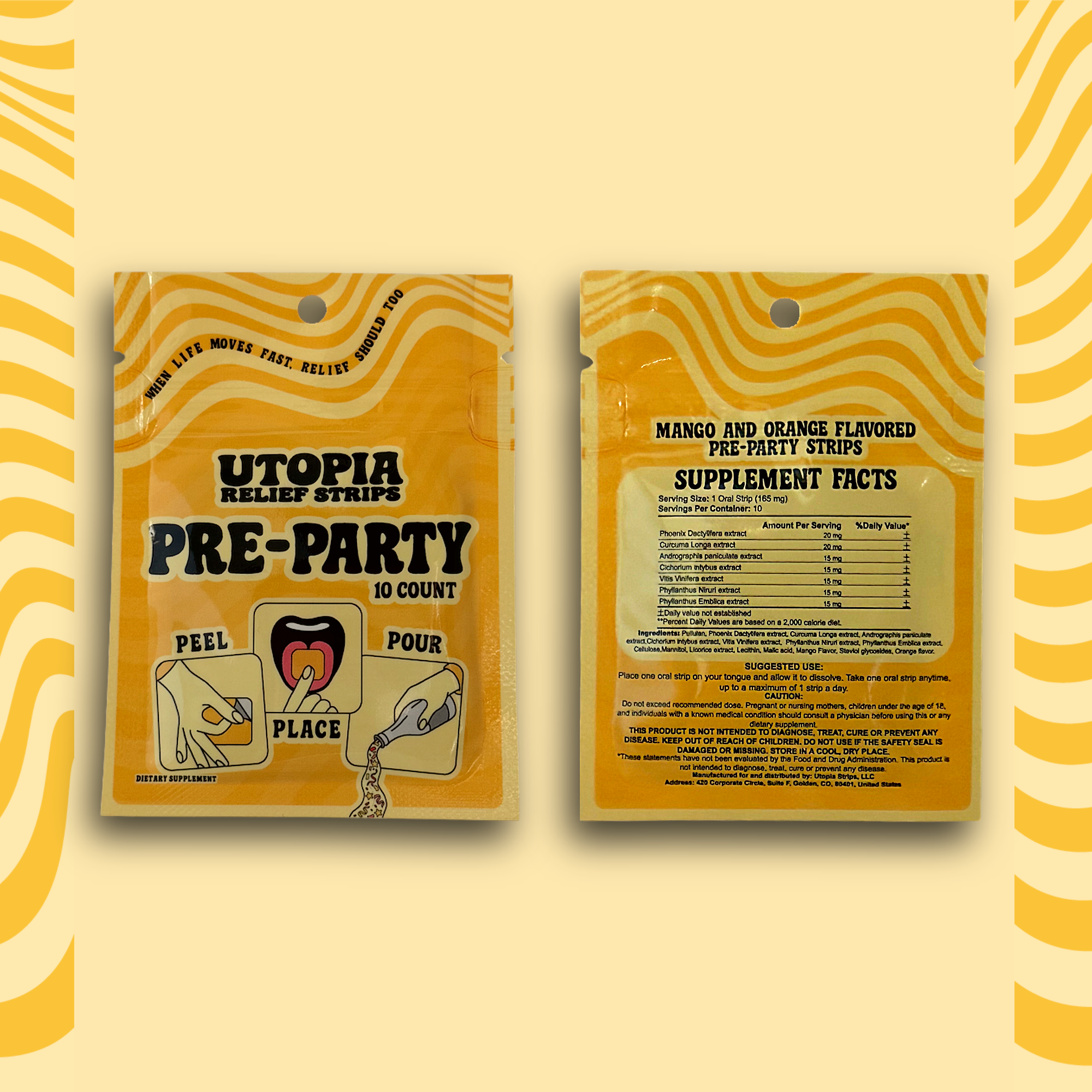 Two packages of Utopia Pre-Party relief strips on a yellow background with wavy patterns.