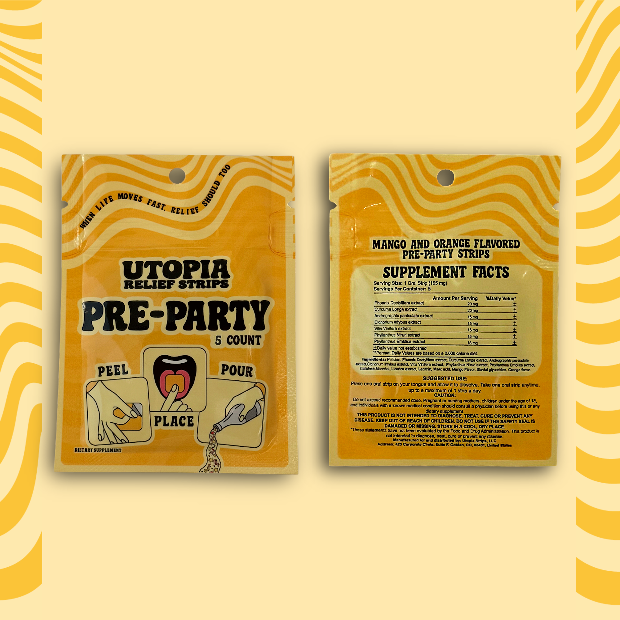 Two packages of Utopia Pre-Party strips on a yellow background with wavy patterns.