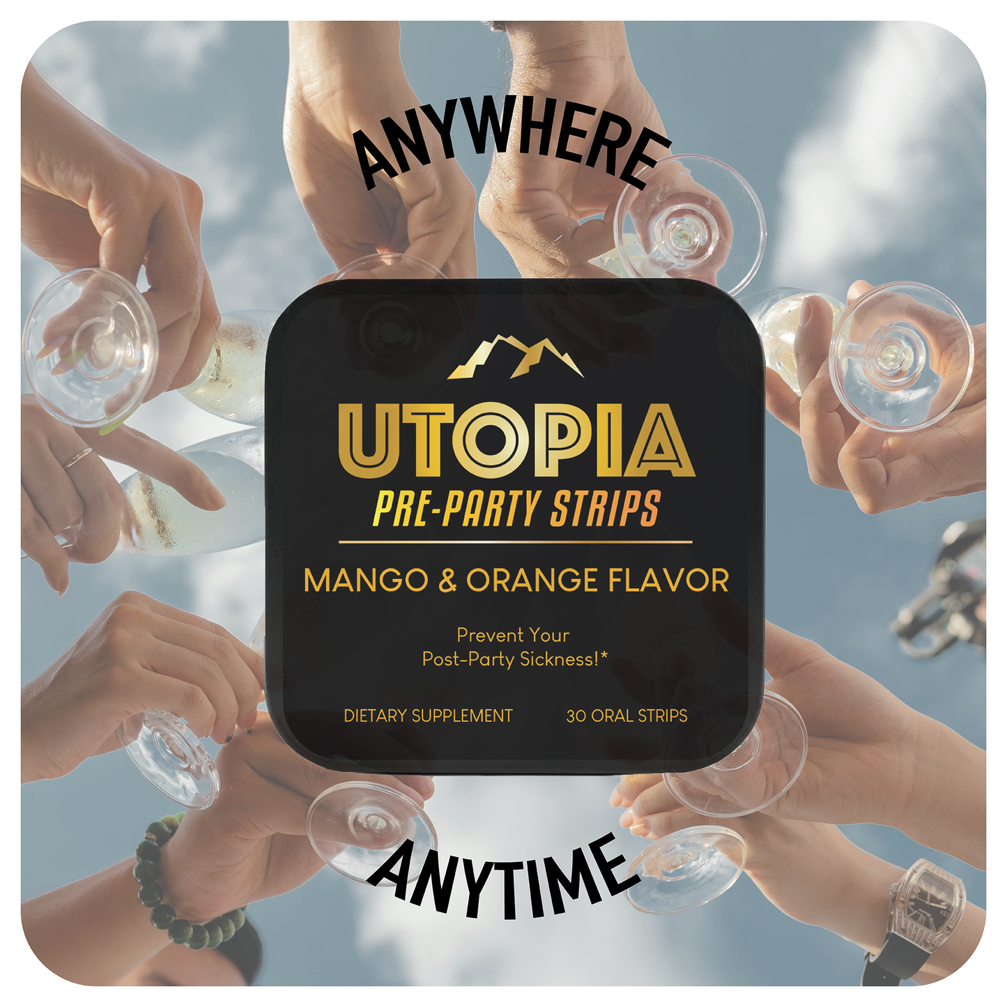 Utopia Pre-Party Strips tin in mango and orange flavor, surrounded by hands holding glasses in a celebratory toast against a bright sky. The text โAnywhere Anytimeโ emphasizes convenience and portability for parties or gatherings. Perfect for enhancing party experiences while on the go.
