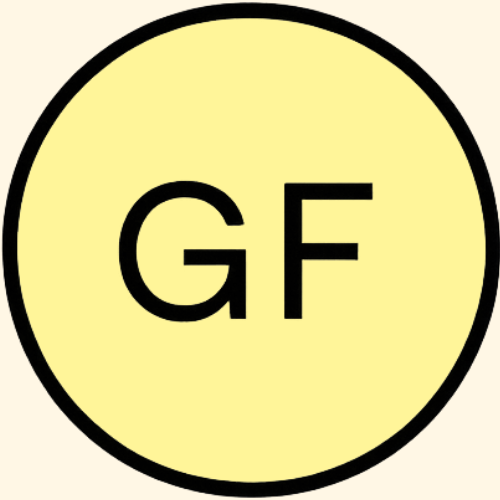 Yellow circle with black 'GF' text on a white background. This icon represents the gluten free ingredients that are located in all Utopia Relief Strips. 