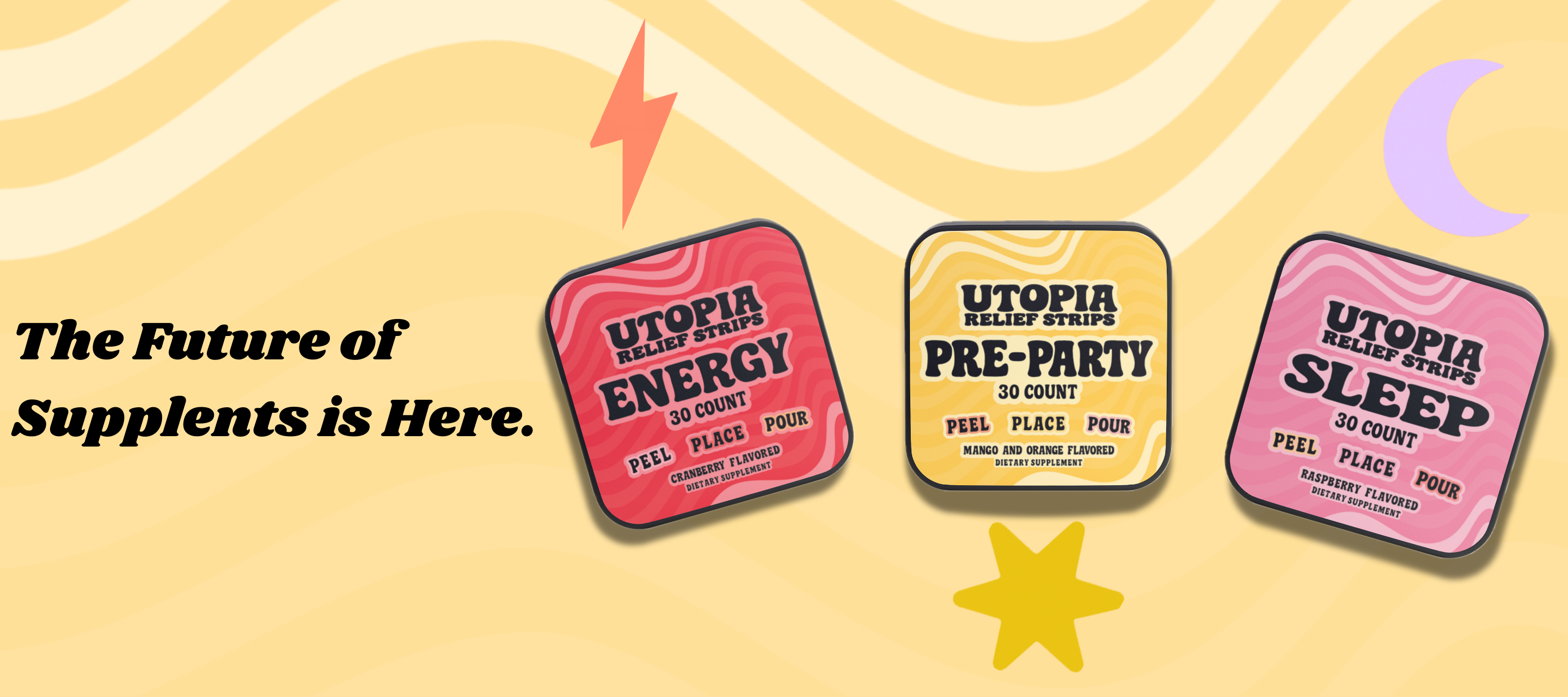 Three Utopia Relief Strips 30 count supplement containers on a yellow background with promotional text. Hangover Prevention strips, instant energy strips, and non-groggy sleep strips. 