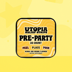 30 Count Pre-Party Strips displayed over a vibrant yellow background in a durable tin container