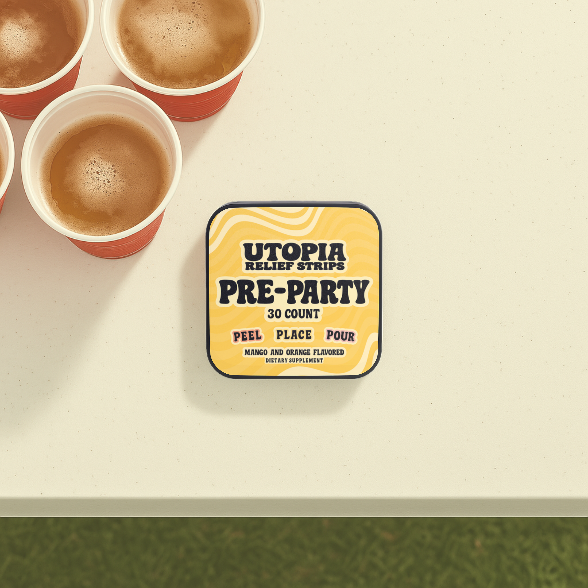 Utopia Pre-Party Strips on a beer pong table to take before your first beverage & reduce hangovers
