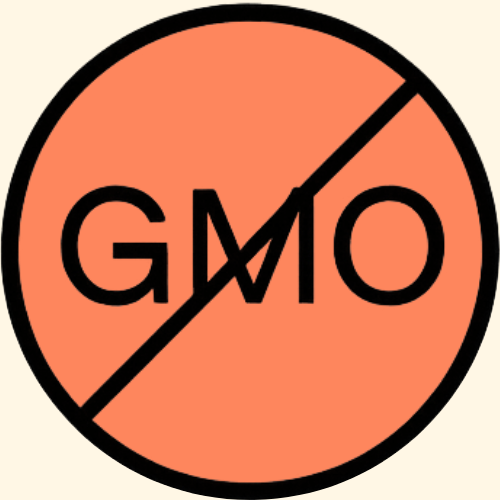 Circular icon with 'GMO' text and a diagonal line through it on an orange background. This icon epresents the Non-GMO nature of all Utopia Relief Strips products. 