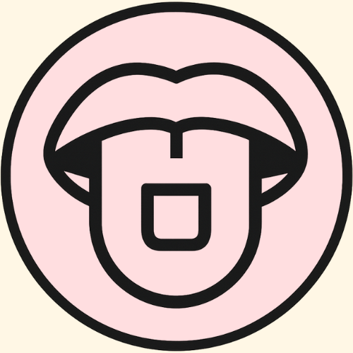 Black outline of a face with a square mouth on a pink background. Resembles the simplicity of utopia relief strips. 