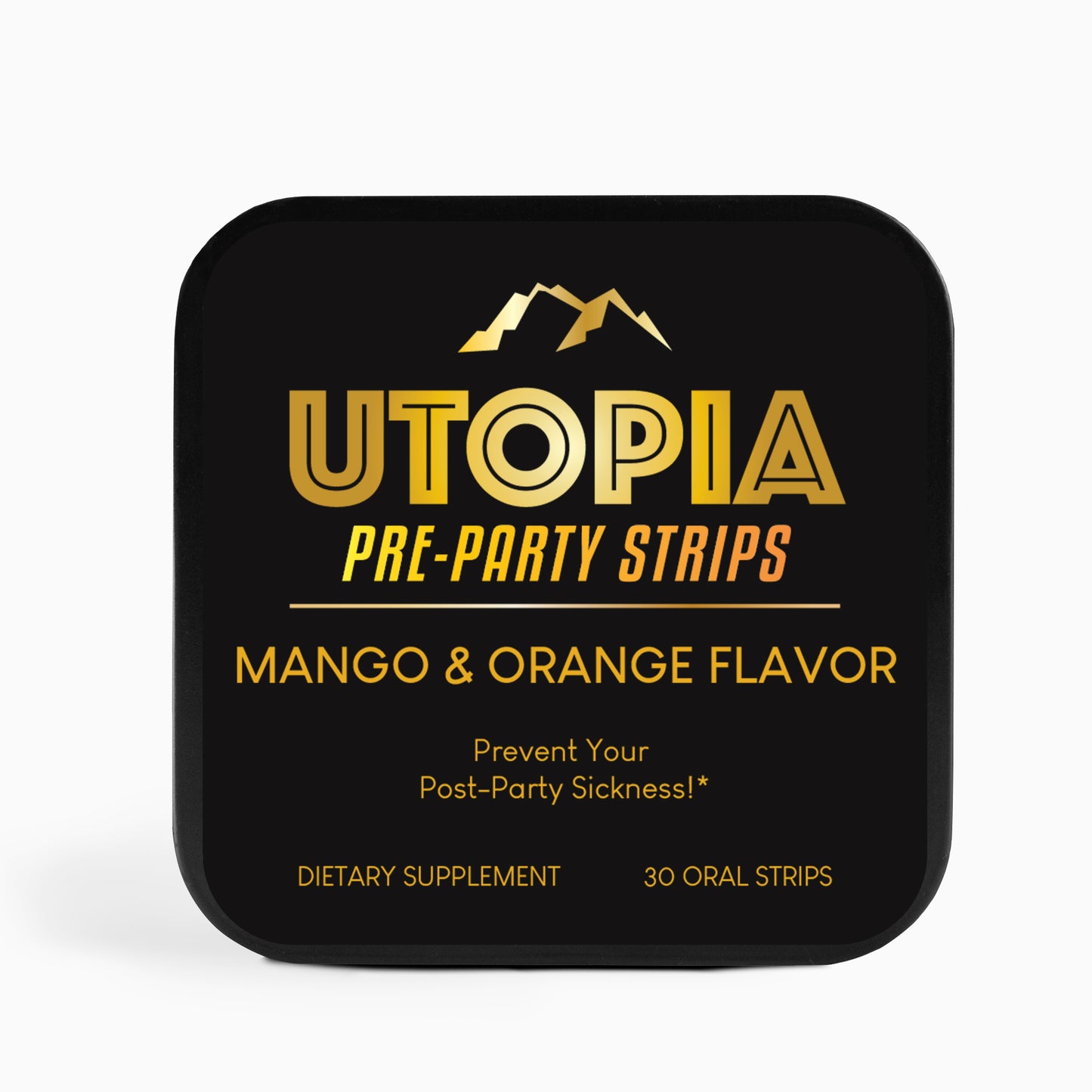 A close-up view of the sleek black Utopia Pre-Party Strips tin, featuring gold and orange lettering showcasing the mango and orange flavor. The tin highlights its portability and contains 30 oral strips, designed as a dietary supplement for pre-party preparation