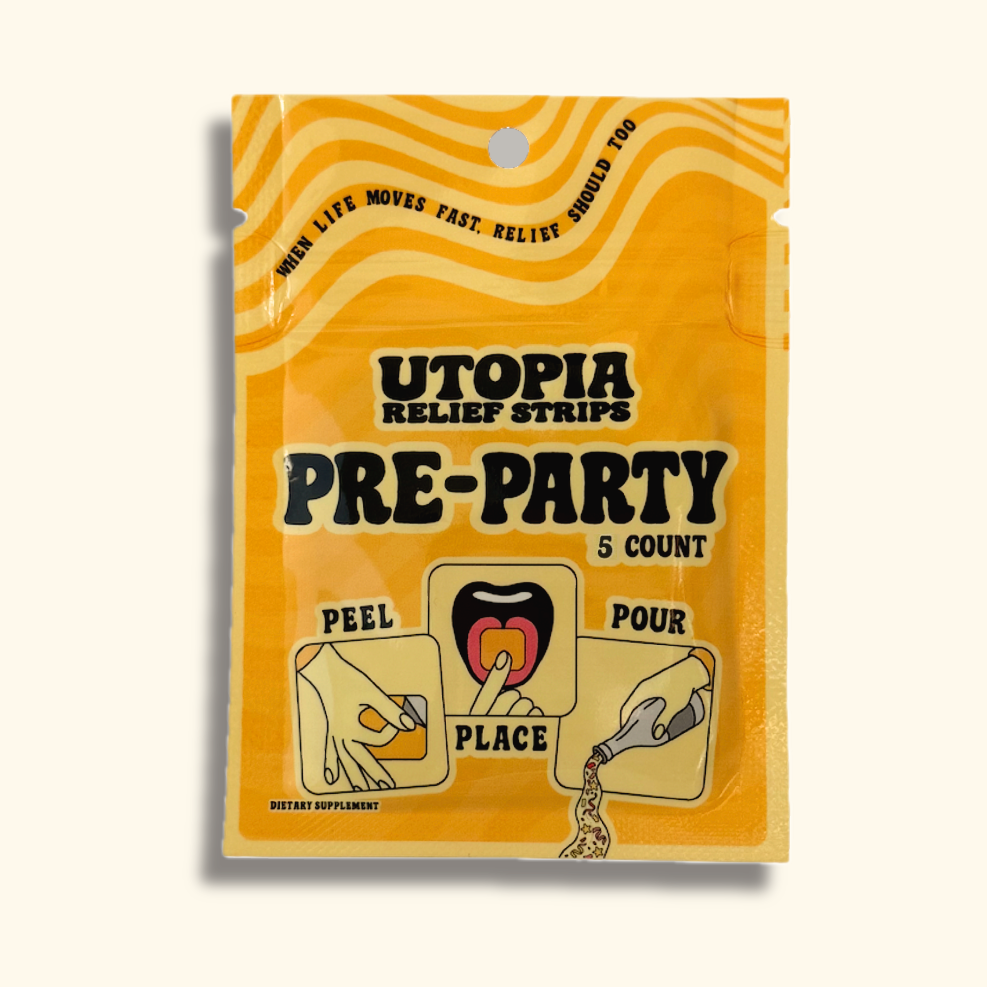 Utopia Relief Pre-Party hangover prevention strips 5-count pack, front view