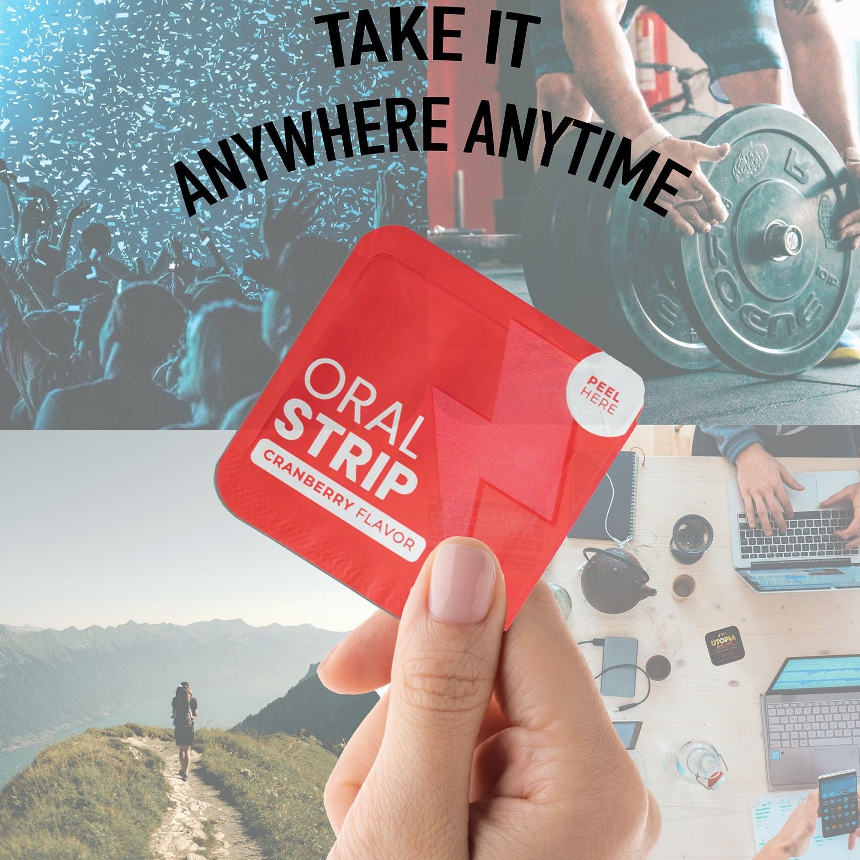 Hand holding a red Oral Strip package with lifestyle images in the background. Shows the usage flexibility with Utopia Energy Strips