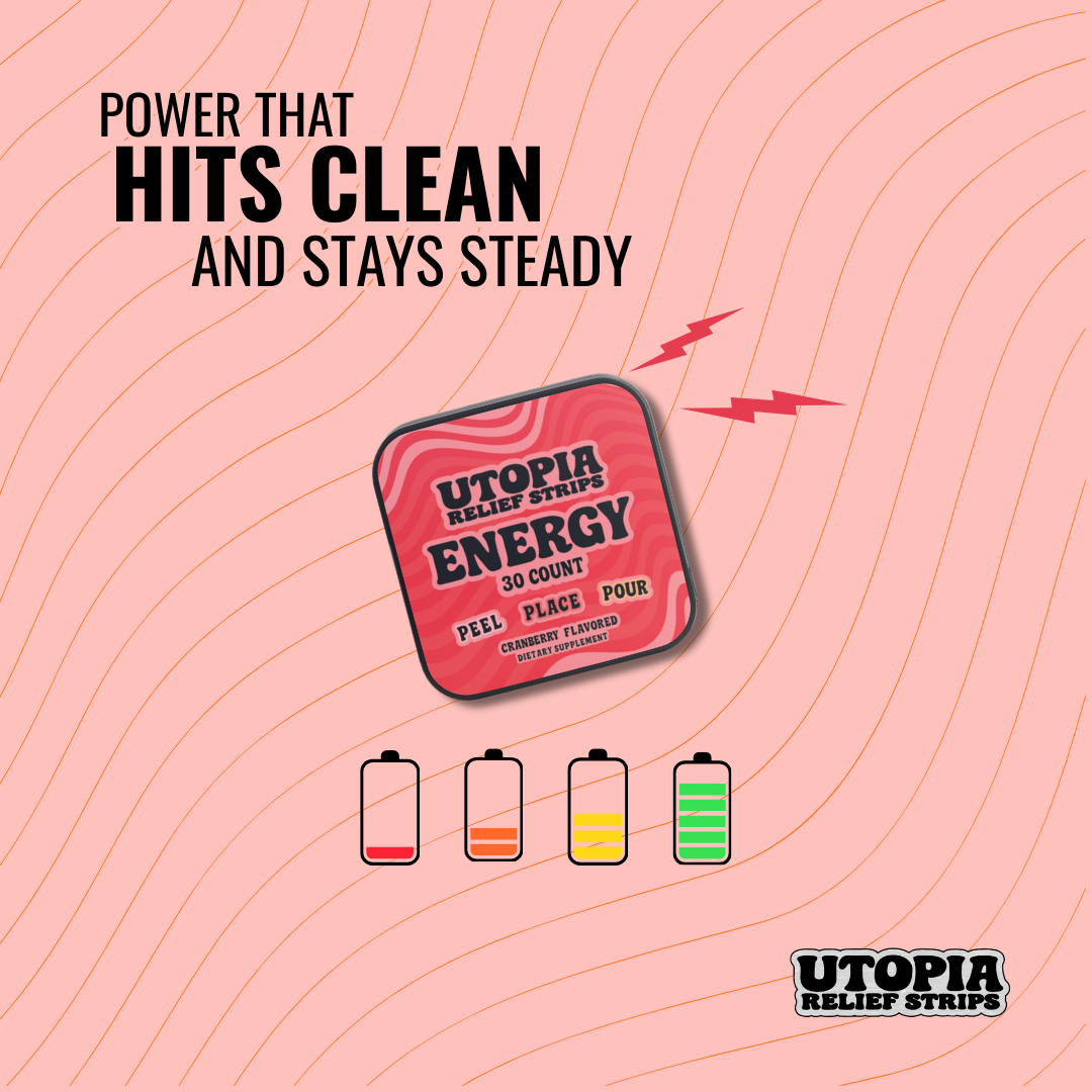Utopia Relief Strips energy product on a pink background with text about power and steady release. 