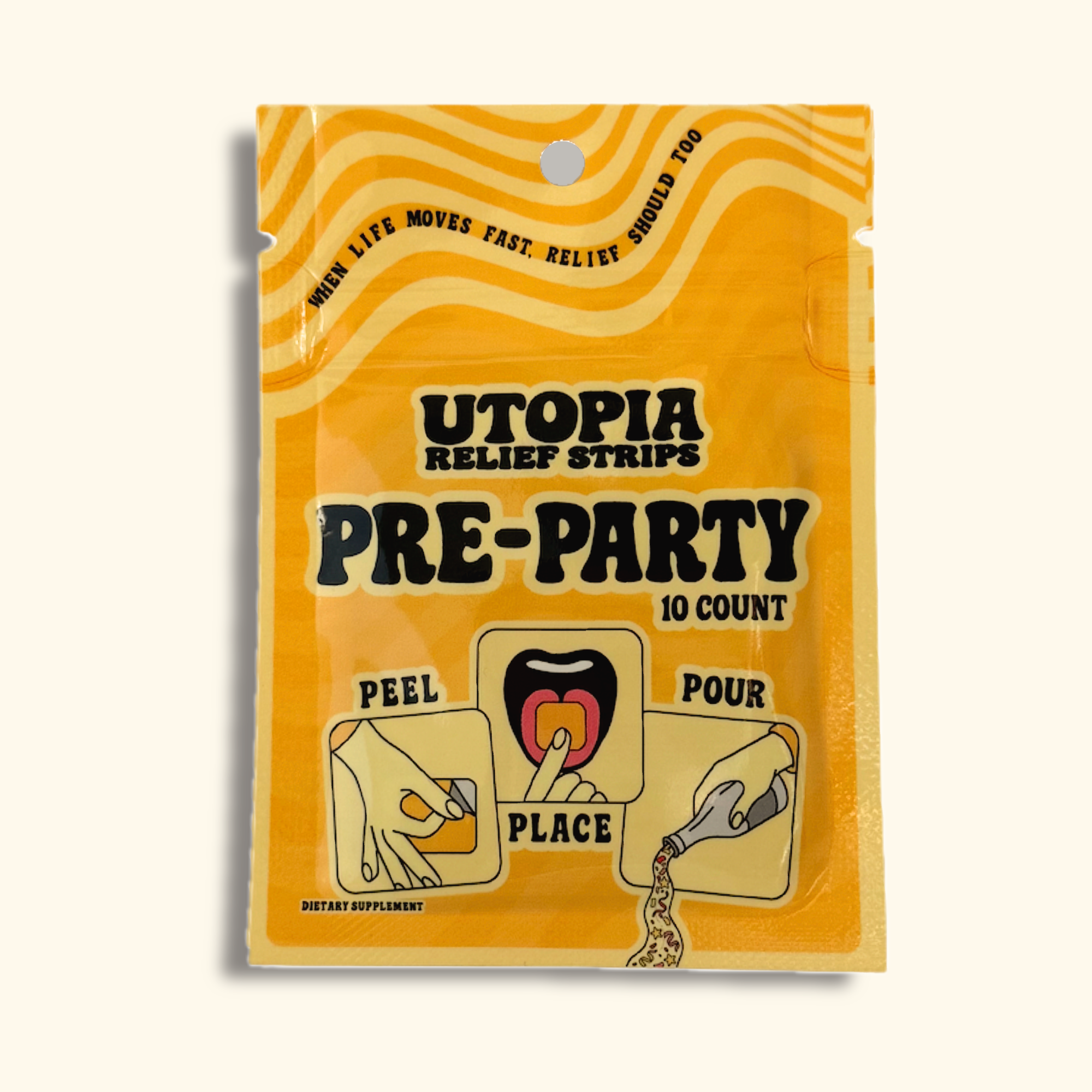 Yellow packaging of Utopia Relief Strips 10 Count Pre-Party on a white background