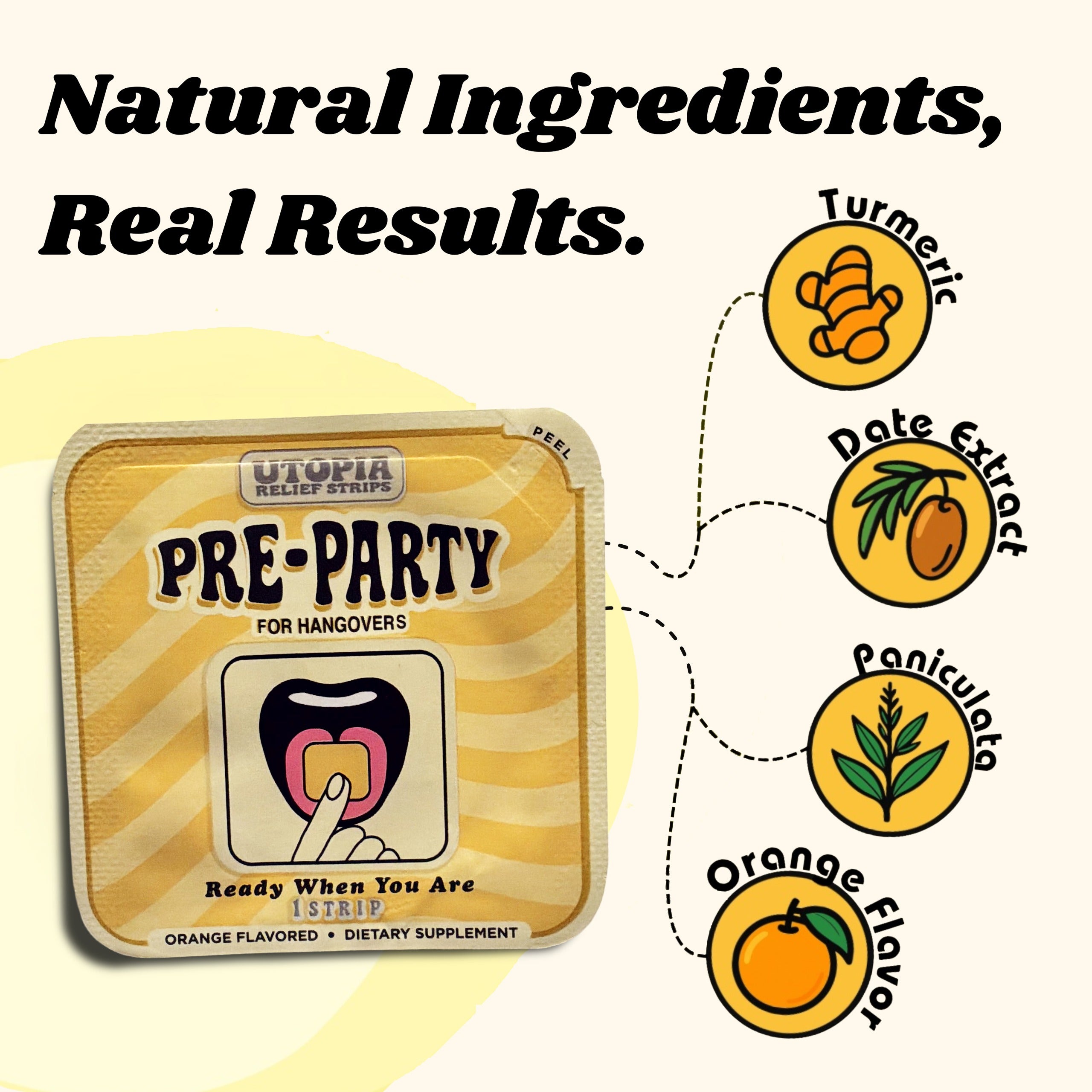 A Utopia brand 'Pre-Party' orange-flavored dietary supplement pouch shown on a light cream background with marketing text and ingredient callouts for turmeric, date extract, and paniculate.