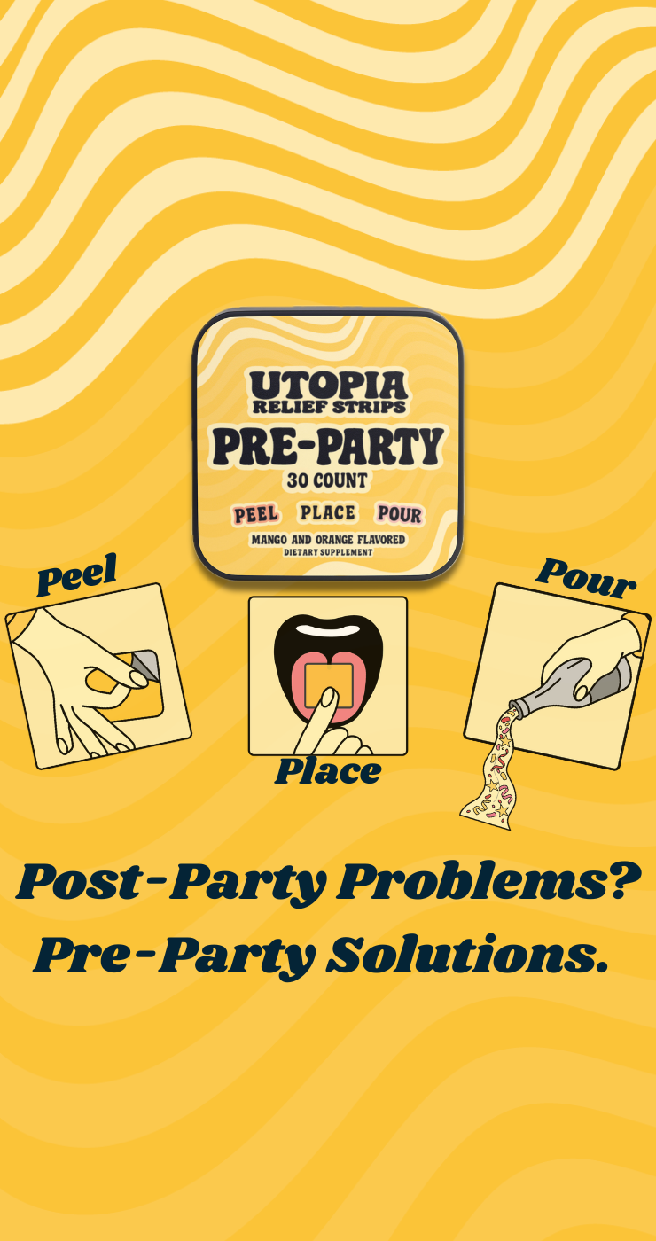 Utopia Relief Strips pre-party product packaging on a yellow background with illustrations. Simply Peel, place, Pour to combat hangovers before the first beverage.  