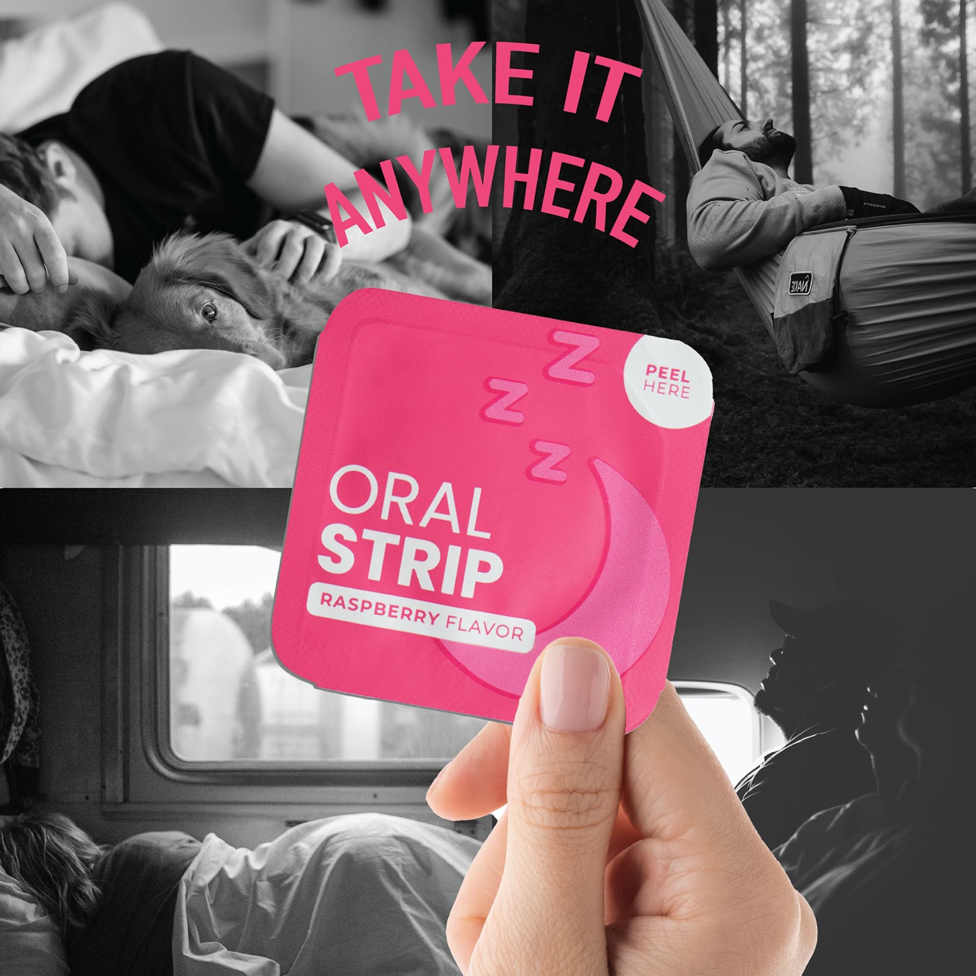 Utopia Relief Sleep Strips single strip displayed in different usage environments. Easy use sleep aid for on the go rest