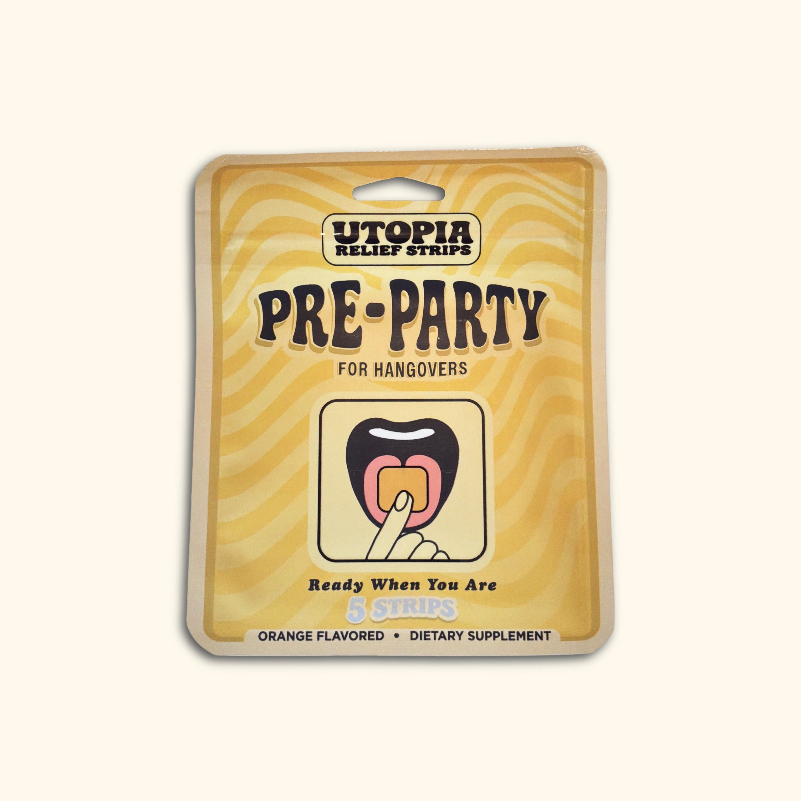 A package of Utopia Relief Strips Pre-Party hangover relief, in orange flavor, featuring a retro wavy yellow and beige design with an illustration of a mouth containing a relief strip.