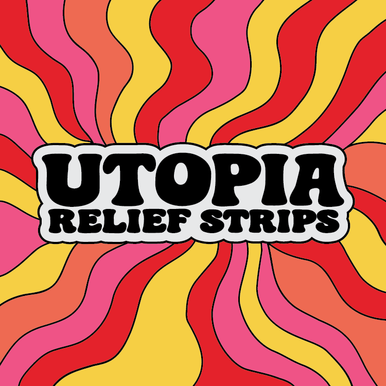 Colorful abstract design with 'UTOPIA RELIEF STRIPS' text in the center.