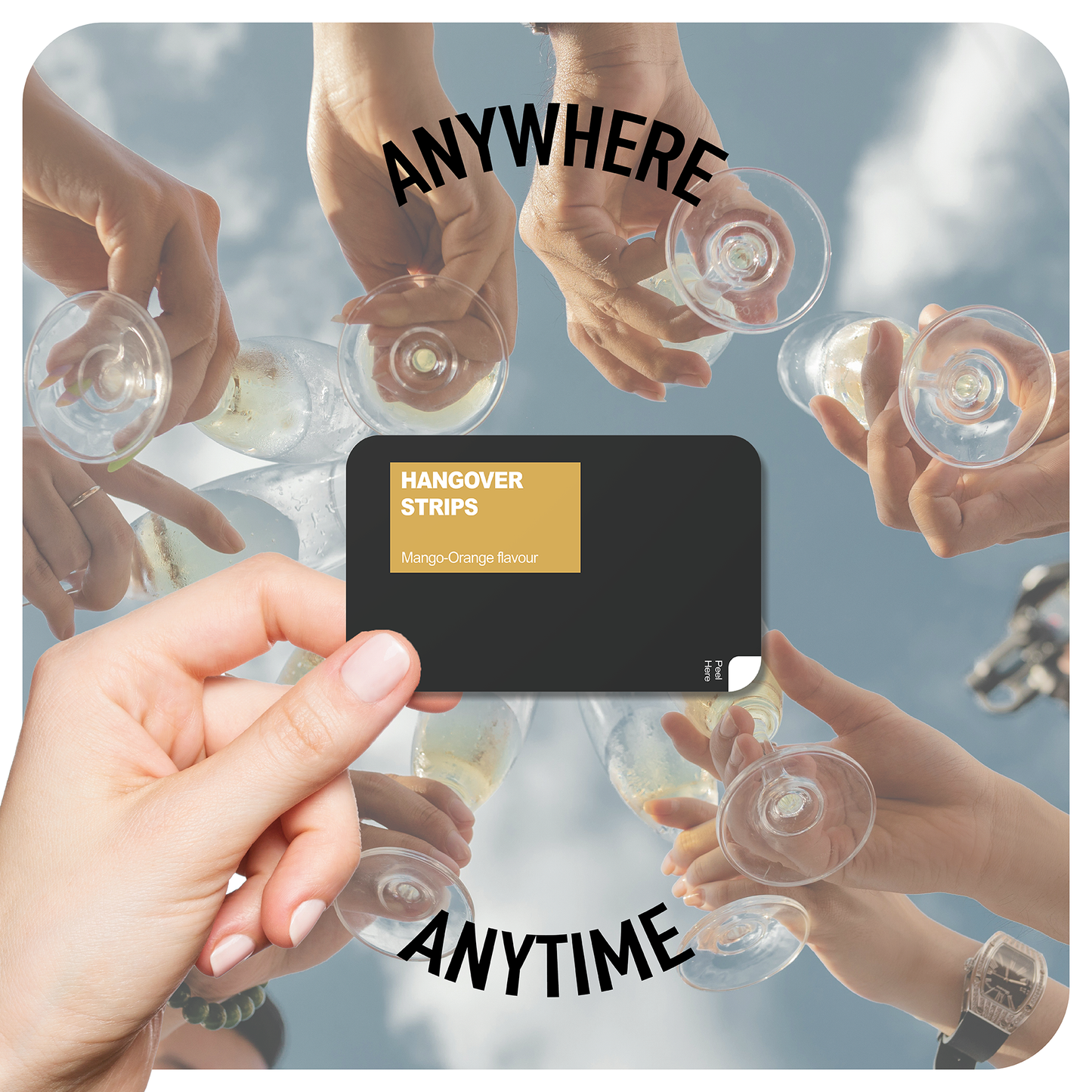  A hand holding Utopia Pre-Party Hangover Strips against a background of champagne glasses raised in a toast, emphasizing portability and convenience. Text “Anywhere Anytime” highlights the product’s suitability for use at any celebration or event.