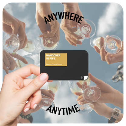  A hand holding Utopia Pre-Party Hangover Strips against a background of champagne glasses raised in a toast, emphasizing portability and convenience. Text “Anywhere Anytime” highlights the product’s suitability for use at any celebration or event.