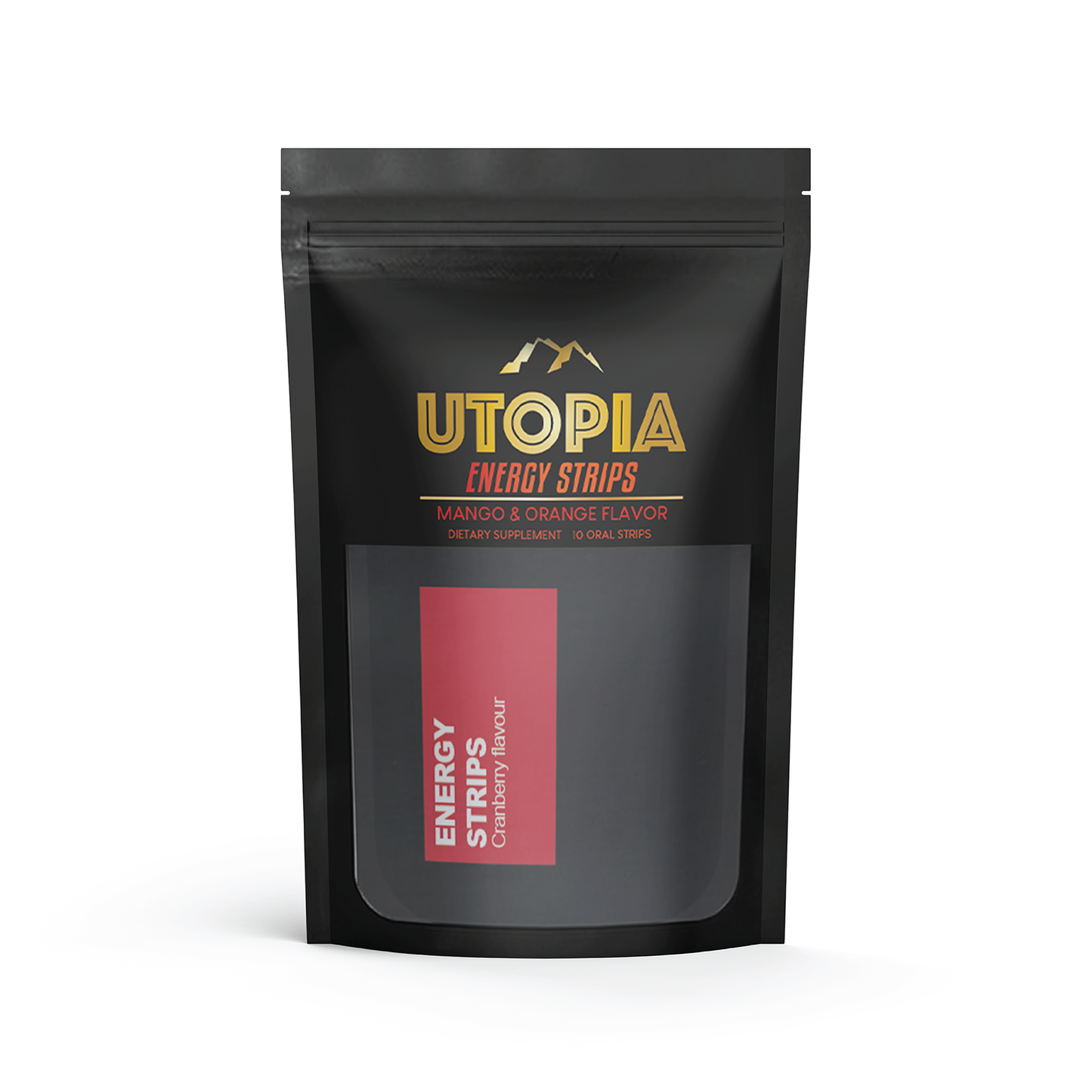 Utopia Energy Strips in Cranberry Flavor, 10-count package. A compact and travel-friendly black pouch showcasing the product’s sleek design and bold red accent, perfect for on-the-go energy boosts.