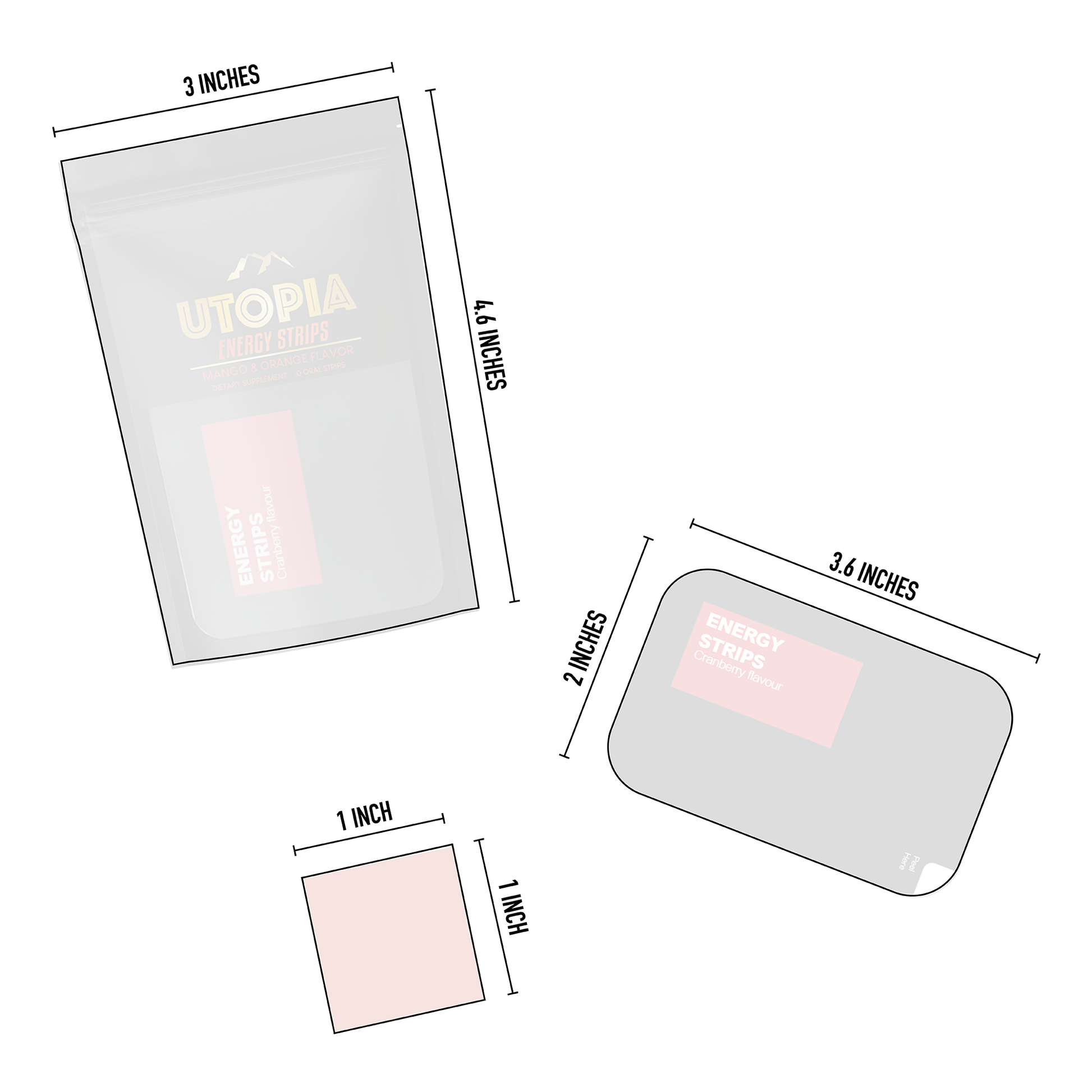 Utopia Energy Strips 10-count Cranberry Flavor packaging dimensions: pouch measures 3 inches wide by 4.6 inches tall; card measures 3.6 inches wide by 2 inches tall; strip measures 1 inch by 1 inch. Precise measurements ensure portability and compact convenience.