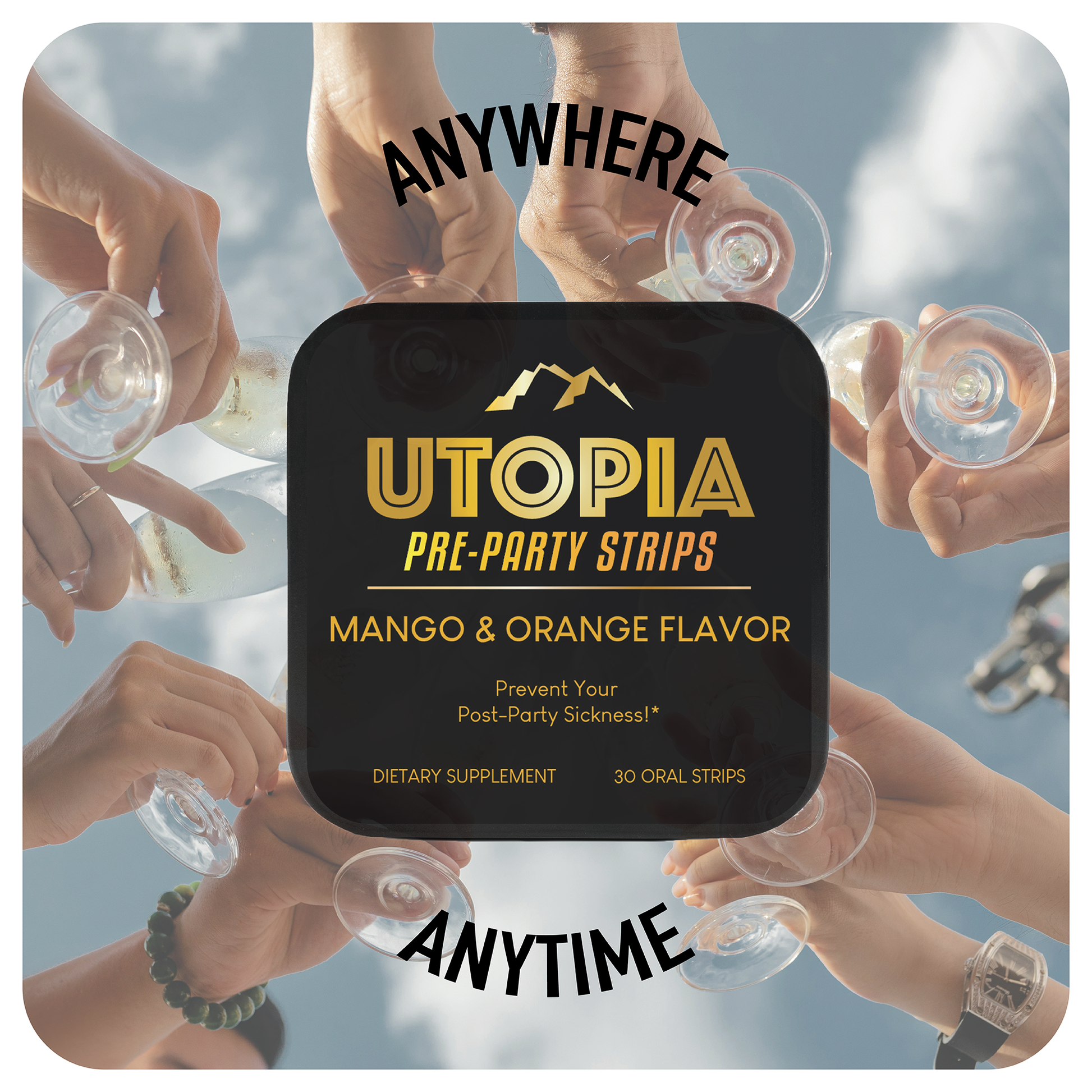 Utopia Pre-Party Strips tin in mango and orange flavor, surrounded by hands holding glasses in a celebratory toast against a bright sky. The text ‘Anywhere Anytime’ emphasizes convenience and portability for parties or gatherings. Perfect for enhancing party experiences while on the go.