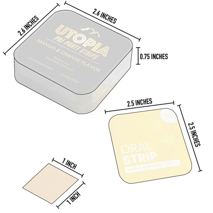 Dimensional illustration of Utopia Pre-Party Strips tin and contents, including the 2.6 x 2.6 x 0.75-inch tin, 2.5 x 2.5-inch oral strip packaging, and 1 x 1-inch dissolvable strip. Clear depiction of product size and portability for easy travel and storage.