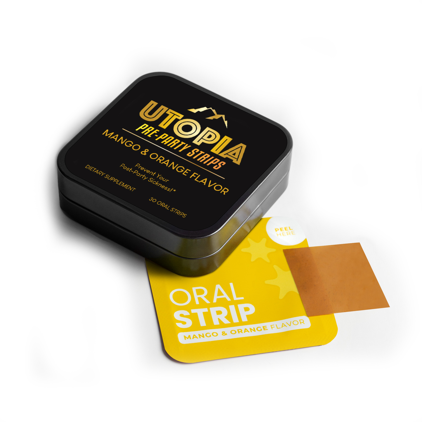 A sleek black tin of Utopia Pre-Party Strips with mango and orange flavor, featuring 30 oral strips designed for on-the-go use. The tin is displayed with one peelable strip showing the vibrant packaging and natural orange hue of the strip, highlighting its portability and refreshing taste.