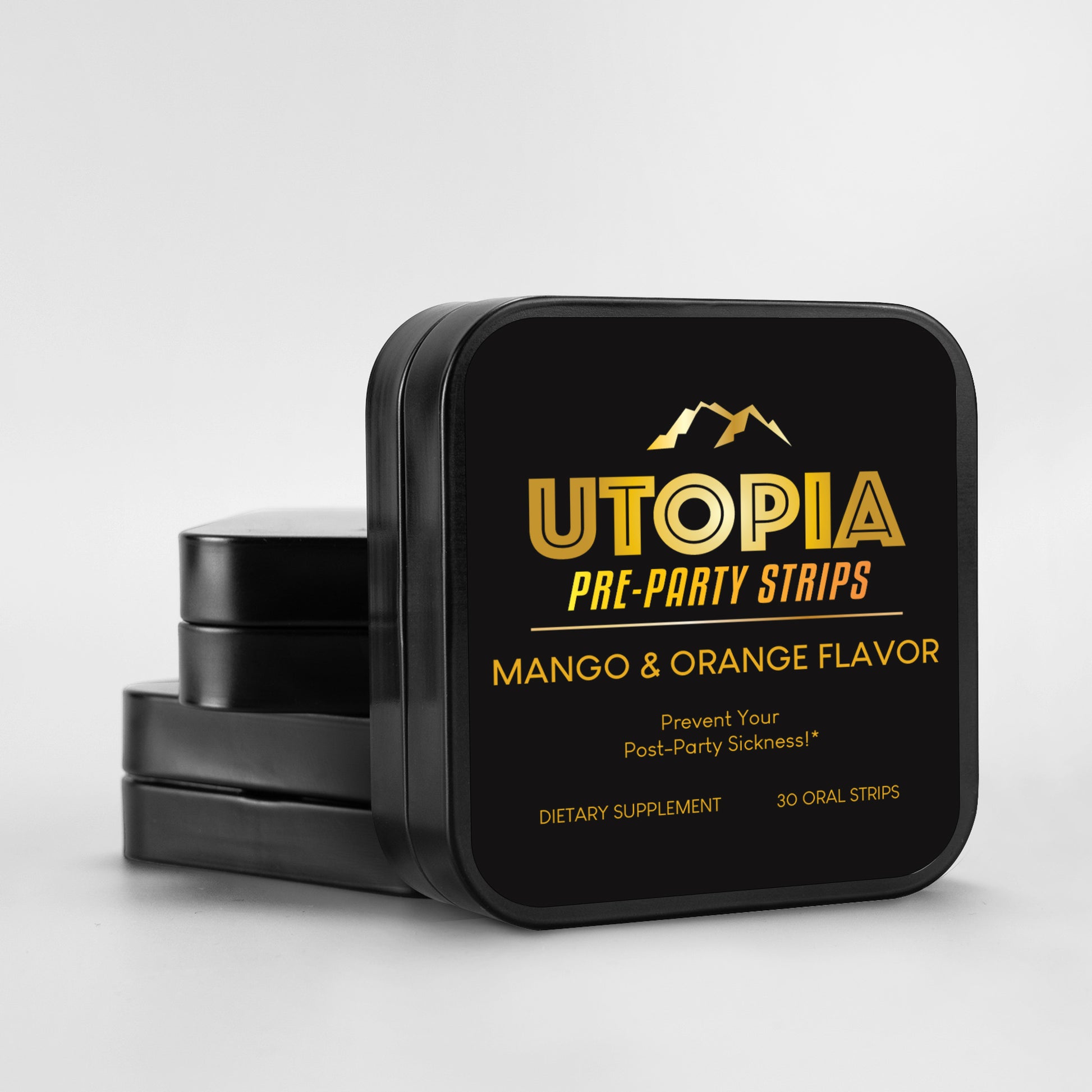 Stacked black tins of Utopia Pre-Party Strips, prominently displaying the mango and orange flavor on the front tin with bold gold and orange text. The sleek packaging emphasizes the premium quality of the 30 oral strips, ideal for travel and convenience.