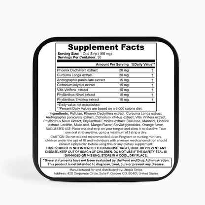 Supplement facts label for Utopia Pre-Party Strips, detailing a 165mg serving size and 30 servings per container. Includes active ingredients like Phoenix Dactylifera extract, Curcuma Longa extract, and Andrographis Paniculata extract, along with additional ingredients and usage instructions. Label also provides cautionary notes and manufacturing details.