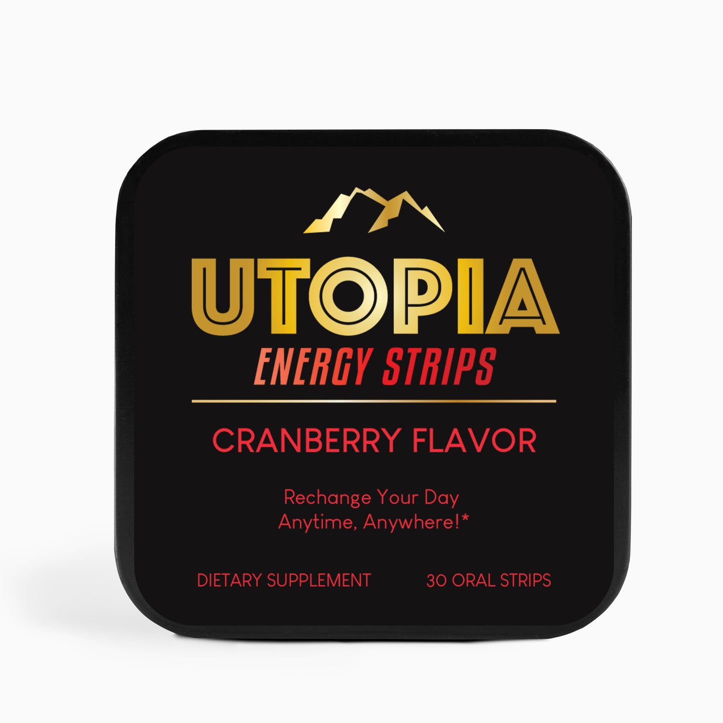 Utopia Energy Strips tin in cranberry flavor, showcasing the front label with bold gold and red branding, emphasizing portability and a 30-count supply for convenient energy on the go.