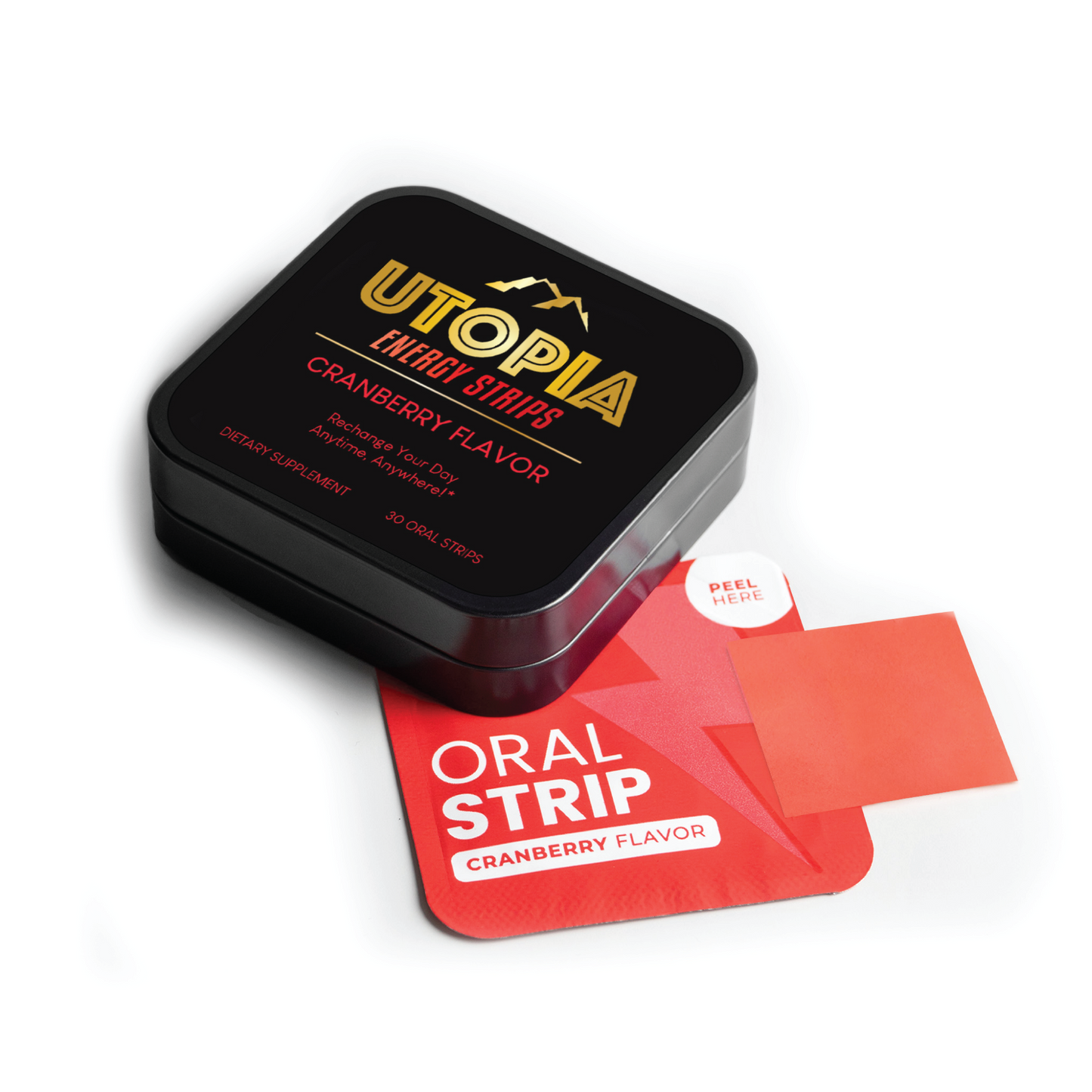 Utopia Energy Strips in cranberry flavor, showcasing the sleek black 30-count metal tin and an open energy strip, highlighting its portable and convenient design for on-the-go energy boosts.