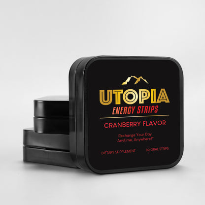 Utopia Energy Strips in cranberry flavor, featuring a stack of 30-count black metal tins, highlighting the premium packaging and branding for portable, high-quality energy solutions.