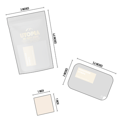 Utopia Pre-Party Strips packaging and contents with detailed dimensions: pouch measures 3 x 4.6 inches, individual strip package is 3.6 x 2 inches, and each oral strip is 1 x 1 inch. Highlighting product size and portability.