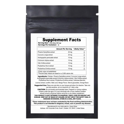 Utopia Pre-Party Strips supplement facts panel showing a serving size of 1 oral strip (165 mg) with 10 servings per container. Ingredients include Phoenix Dactylifera extract, Curcuma Longa extract, Andrographis Paniculata extract, Cichorium Intybus extract, Vitis Vinifera extract, Phyllanthus Niruri extract, and Phyllanthus Emblica extract. Includes detailed usage instructions, cautionary notes, and manufacturer details.