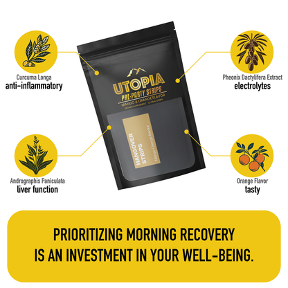Illustrated benefits of Utopia Pre-Party Strips mango and orange flavor, featuring a black pouch with “Hangover Strips” label. Highlights include Curcuma Longa for anti-inflammatory properties, Phoenix Dactylifera Extract for electrolytes, Andrographis Paniculata for liver function, and orange flavor for a tasty experience. Tagline emphasizes morning recovery as an investment in well-being.
