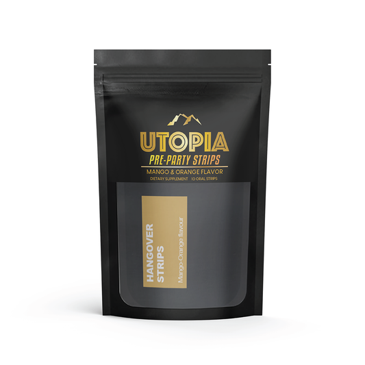 Black resealable pouch of Utopia Pre-Party Strips featuring mango and orange flavor, labeled as “Hangover Strips.” The packaging emphasizes convenience and portability, containing 10 oral strips designed to support post-party wellness