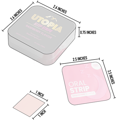 Dimension chart of Utopia Sleep Strips raspberry flavor 30-count, featuring 2.6-inch square metal box, 2.5-inch dissolvable oral strips, and 1-inch compact strip size for portability and convenience.