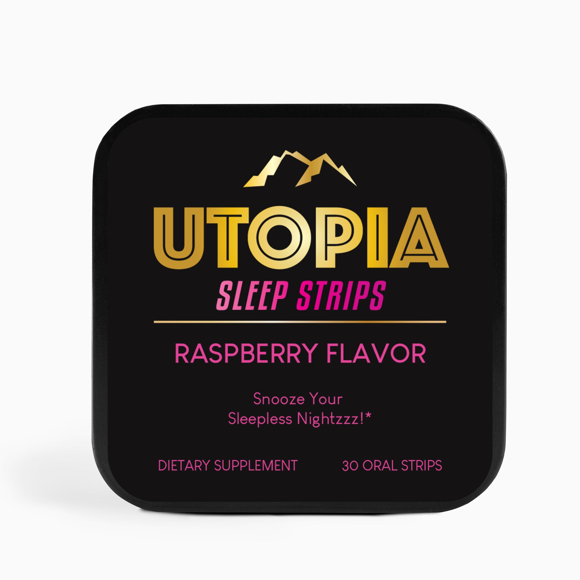 Front view of Utopia Sleep Strips in raspberry flavor, 30-count metal box, promoting natural, non-groggy sleep support for a restful night.