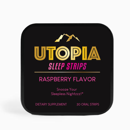 Front view of Utopia Sleep Strips in raspberry flavor, 30-count metal box, promoting natural, non-groggy sleep support for a restful night.