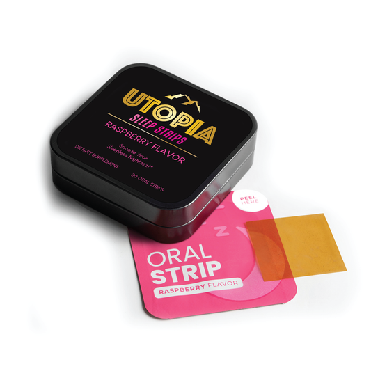 Utopia Sleep Strips in raspberry flavor, featuring a sleek 30-count metal box and a peelable oral strip for natural and non-groggy sleep support.