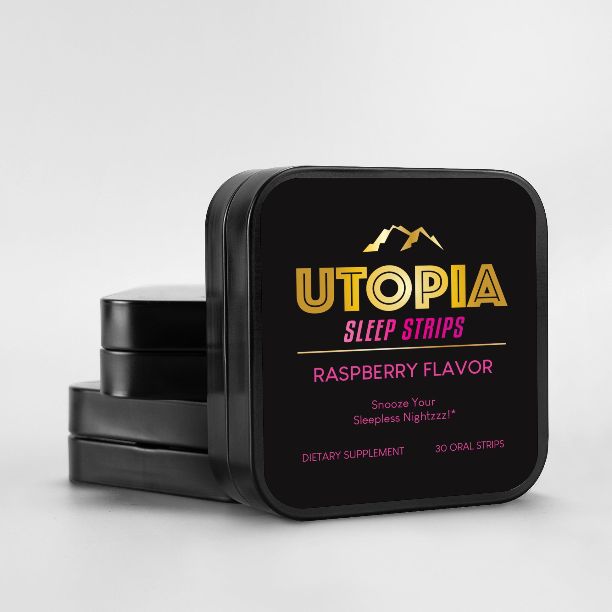 Side stack of Utopia Sleep Strips raspberry flavor 30-count metal boxes, showcasing compact design and premium packaging for natural sleep support.