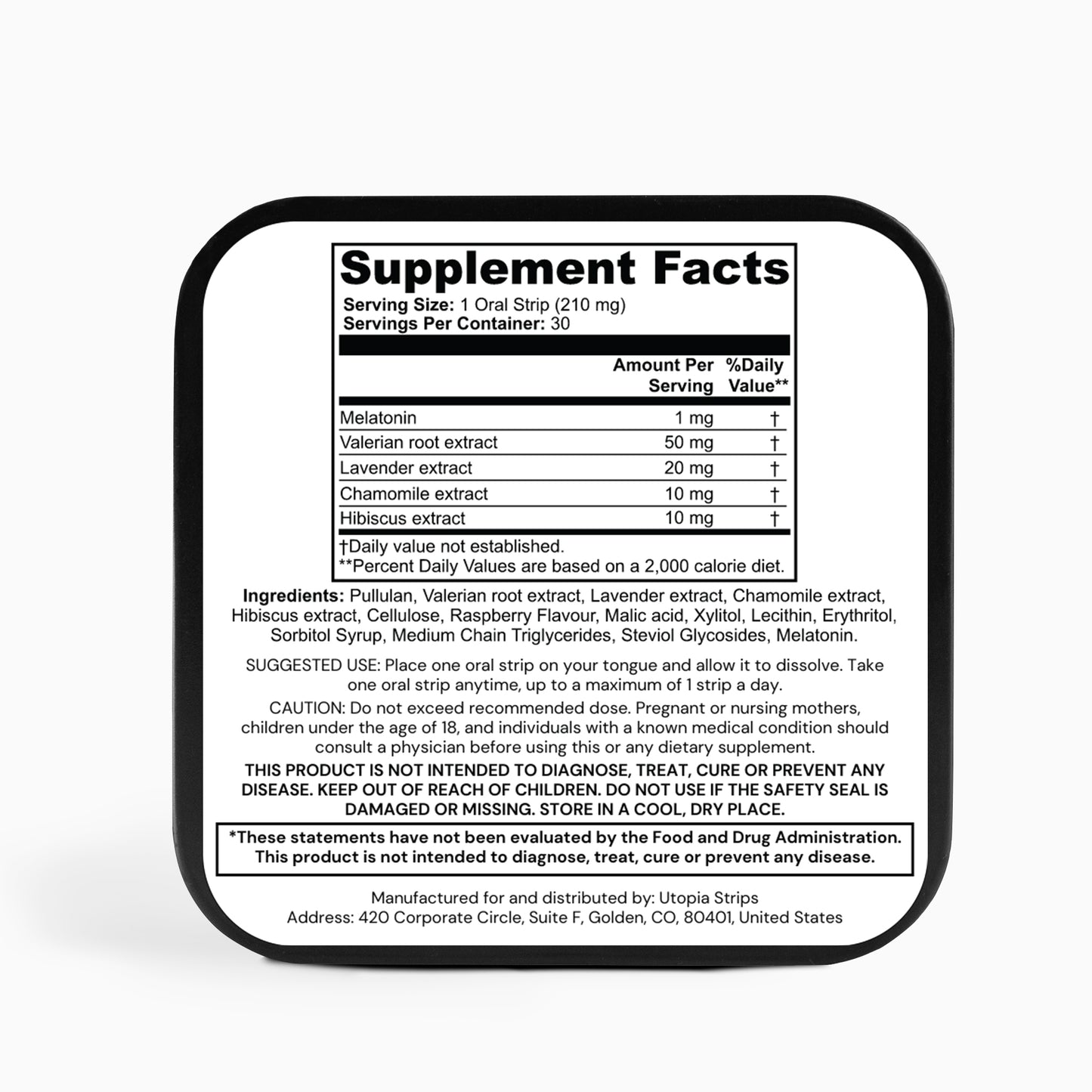 Supplement facts panel for Utopia Sleep Strips raspberry flavor, detailing 1 mg melatonin, valerian root, lavender, chamomile, and hibiscus extracts. Includes usage instructions and product safety information for the 30-count box.