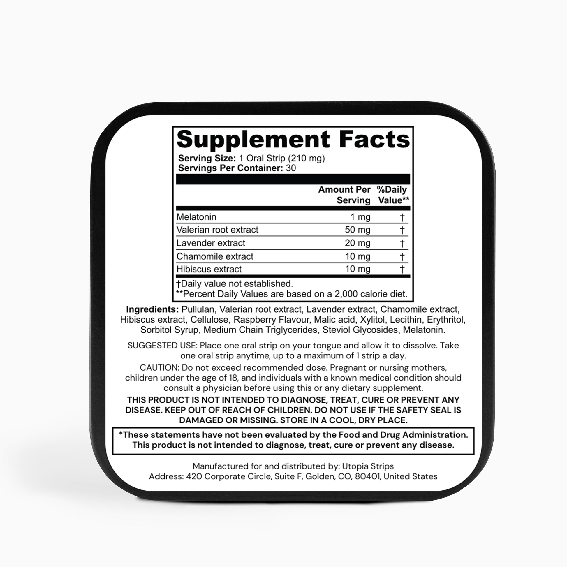 Supplement facts panel for Utopia Sleep Strips raspberry flavor, detailing 1 mg melatonin, valerian root, lavender, chamomile, and hibiscus extracts. Includes usage instructions and product safety information for the 30-count box.