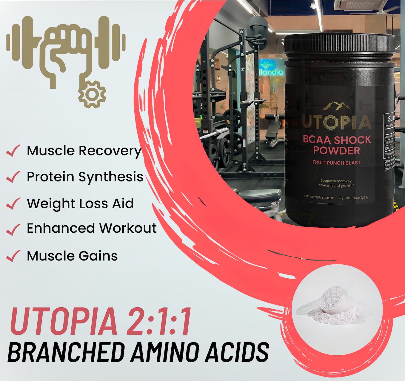 Utopia - BCAA Shock Powder - (45 Servings) - Protein Synthesis for Lean Muscle Growth & Weight Reduction - Fruit Punch Flavor